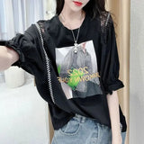 Stylish Letter Printed Blouse Commute Lace Patchwork 2023 Summer Korean Plaid Female Clothing Shirring Round Neck Shirt-Outfit