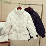 Korean Chic Autumn And Winter French Gentle Standing Collar Wave Embossed Design With Waist Long Sleeve Padded Coat Female-Outfit