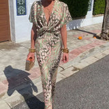 Spring New Women's Temperament Print Sexy V Lumbar Kinesy Short-Sleeved Dress
