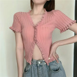 Graduation party French Retro Young Style Cardigans Ruched T Shirt Split Crop Top Women Knit Rib Summer Streetwear Fitness