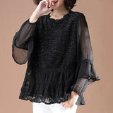 Casual Loose O-Neck Fashion Sequined Chiffon Blouse Spring Autumn Korean Ruffles Lace Spliced All-match Long Sleeve