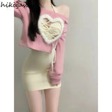 Sets Sweet Two Piece Set Women's Clothing Hollow Out Long Sleeve Crop Tops Tunic Bodycon Mini Dresses Suit Y2k Outfits-Outfit