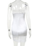Women Square Neck Mini Dress Slim Sleeveless Strap Backless Lace Patchwork Flower Embroidery Solid Dress Club Vestido-Outfit