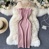 Tied Spaghetti Strap Solid Knitted Dress Women Summer Sleeveless Mini Bodycon Dress Vestidos Sexy Female