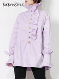 Ruffle Trim Chic Blouse For Women Turtleneck Bell Sleeve Casual Patchwork Button Shirt Female Fashion New