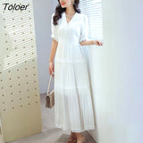 Lace Elegant Women's Dress Spring Hollow Button V Neck Lantern Sleeve White Long Dresses Boho Casual Holiday