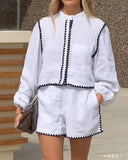 Toloer Summer Women's Round Collar Solid Color Long Sleeve Sticker Lace Shorts Two-Piece
