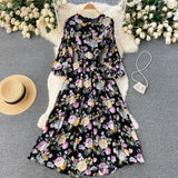 Autumn Bohemian Women Tie Dye Printed Pleated Long Dress Boho O Neck Puff Sleeve High Waist Draped Maxi Vestido
