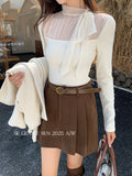 Xixi 2025 Autumn New White Standard Korean Long-Sleeved Yarn Tie With Knitted Shirt Woolen Dress