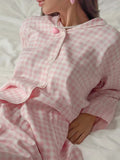 Women's 2Pieces Pajamas Underwear Set Plaid Turn Down Collar Long Sleeve Button Shirts+ Feather Pants Lounge Suits-Outfit