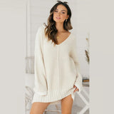 Toloer Sweater Wish Lady Loose V-Neck Medium Long Dress Knitted