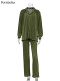 Causal Loose Home Suit Long Sleeve Blouse With High Wasit Pants Set Women Elegant Pleated Beige 2 Piece Pant