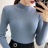 Neck Women Sweater Vintage Basic Solid Knitted Tops Casual Slim Pullover Autumn Winter Korean Tops Simple Chic Jumpers-Outfit