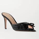 Black Suede Tip, Thin High Heel Bow Party Banquet Muller Flip-Flop Large Size-Outfit