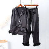 Wear Women Soft Feather Home Suit Button Up Top Slim Pants Two Piece Set 2022 Casual Pajama Elegant Lady Homewear