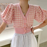 Korean Chic Summer Aging Sweet V-neck Cardigan Contrast Check Single Breasted Slim Bubble Sleeve Short Sweater