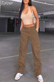Khaki Wide Leg Cargo Jeans High Waist Big Pockets Baggy Denim Trousers Casual Oversized Pants Street Sweatpants
