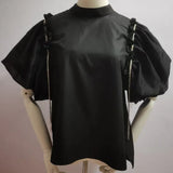 Casual Solid Shirt For Women Stand Collar Loose Short Sleeve Pacthwork Diamonds Tassel Blouses Female Fashion