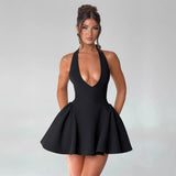 Spring And Summer New Sexy Deep V Hanging Neck Dress Solid Color Sleeveless Waist Thin Dress
