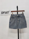 Women Denim Skirt Full Diamond Slim High Waist Black A-line Wrap Hip Luxury Mini Skirts 2024 Summer New Fashion 29L1188-Outfit