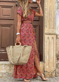 Boho Long Dress Women Beach Floral Print Belted Maxi Dress Casual V-Neck Party Holiday Sundress Ladies Dress Plus Size