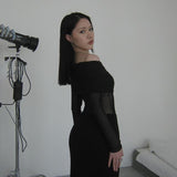 Autumn Famous Style Temperament Sexy Body Shoulder Mesh Stitching Dress