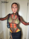 Colorful Dots Mesh See Through Turtleneck T-shirts Women Full Sleeve Skinny Sexy Tops Female Streetwear Tee Clothing-Outfit