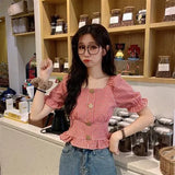 Women Summer Chic Plaid Novelty Korean Style Hem Ruffles Button Classic Slim Tunic Top Short Holiday Student Kawaii