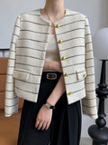 Women's Striped Flap Detailed Gold Button White Tweed Short