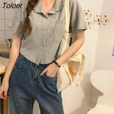 Women Summer Short-sleeve Turn-down-collar Solid Short Womens Tops Blouses Korean Style Loose All-match Slim Trendy