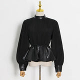 Black Pu Leather Blouse Ruffle High Waist Patchwork Knitted Lantern Sleeves Streetwear Blouses 2021 Fashion