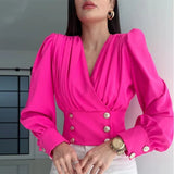 Red Crop Tops Women's V-neck Sexy Long Sleeved Short Waistband Bubble Sleeved Solid Color Pleated Shirt Femme Blusas