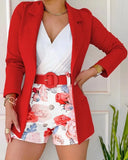 Fashion Women Autumn Coat And Print Shorts Two Piece Sets Elegant Blazers Shorts Suit With Belt Vestiti Interi