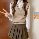 New College Style With Long-Sleeved Shirt Women's Short Splicing Fake Two Knitted Vest Tops Women's