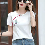 Women's Clothing Round Neck Summer Pullover Solid Color Plant&Flowers Embroidered Bow T-shirt Chinese Style All-match Tops-Outfit