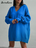 Autumn Winter 2021 Y2K Sexy Knitted Women's Dress Sweater Oversize Long Sleeve V Neck Casual Top Mini Party