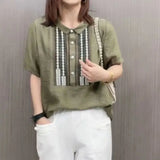 Peter Pan Collar Blouse Casual Loose Female Clothing Stylish Printed Patchwork Button 2023 Summer New Short Sleeve