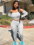 Fall Fashion 2 Two Piece Sets Outfits Women Long Sleeve Strapless Crop Top Skinny Pants Grey Casual Matching Sets