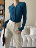 Women's Polo's Neck Pit Stripe Fitted Knitted Cardigan Casual Long Sleeve Button Up