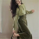 2025 New Elegant Senior Shirt Skirt Tide French Green Asymmetric Collar Retro Suit