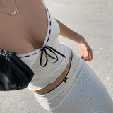 Women’s Elegant 2 Piece Summer Vintage Outfits Sleeveless Dots Print V-Neck Cami Tops + Low Waist Bow Long Skirt Set-Outfit