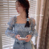 Women Mesh French New Summer Sweet Leisure Mid-calf Cozy Design Cute Lovely Print Student Long Sleeve Fashionable