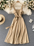 Korean Style Women Vintage Dress Autumn Winter Spaghetti Strap Sleeveless Belted A-line Midi Work Party