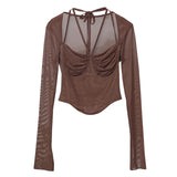 Sexy Hot Tie Tie With Hanging Neck Long-Sleeved Mesh T-Shirt Repair Short Open Fork Cuff Top