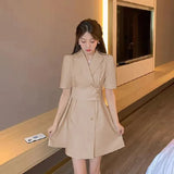Solid Belt Dress Women Spring Autumn Notched Long Sleeve Office Ladies Blazer Dress Female Long A-Line Black Dress-Outfit