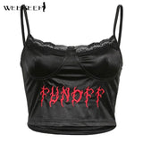 Gothic Punk Black Lace Frill Crop Top Summer Backless Spaghetti Strap Camisole Tee Women Embroidery Letter Vest