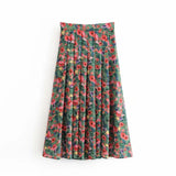 Spring Vintage Green Long Skirt High Waist Print Skirt Seaside Holiday Pleated Skirt Split Elegant Floral Skirt