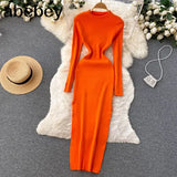 Senior Knitted Dress Women Long Sleeve Elastic Waist Split Sweater Dress Ladies Party Sexy Warm Long