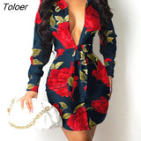 Elegant V Neck Long Sleeve Plunging Knot Tie Floral Print Shirt Dress Women Spring Autumn Workwear Mini Dress