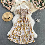 Summer Sexy Slash Neck Spaghetti Strap Midi Dress Women Casual Off Shoulder Short Sleeve Vacation Beach Robe Female